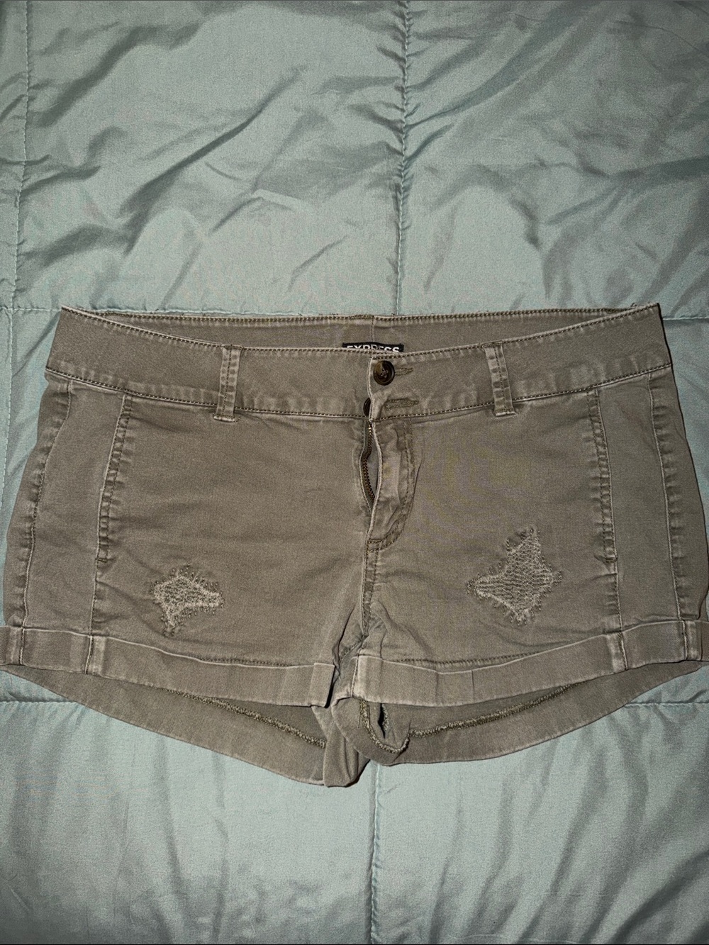 Express Olive Green Distressed Denim Jean Shorts